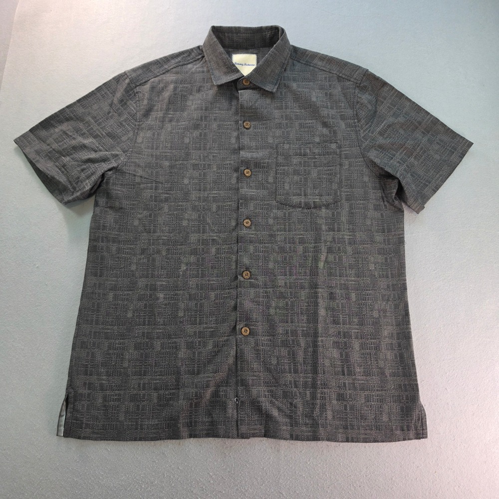 Tommy Bahama Mens M Silk Cotton Gray Textured Short Sleeve Button Shirt